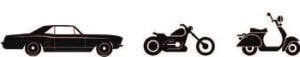 Black and white icons for classic vehicles as a car, mc and a moped